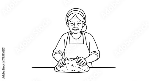 Vector of a grandmother baking bread, kneading dough on a counter, warm and expressive outlines, isolated on white