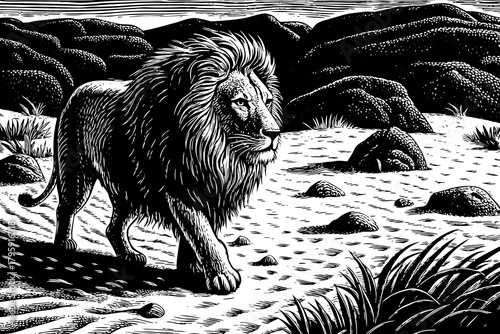 mature lion walks steadily through dusty plains black and white sketch, creating a dramatic trail as wind lifts sand around his mane in the dry heat