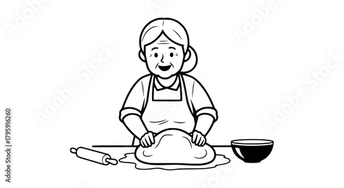 Vector of a grandmother baking bread, kneading dough on a counter, warm and expressive outlines, isolated on white
