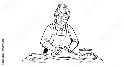 Vector of a grandmother baking bread, kneading dough on a counter, warm and expressive outlines, isolated on white