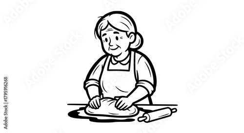 Vector of a grandmother baking bread, kneading dough on a counter, warm and expressive outlines, isolated on white