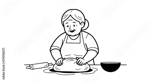 Vector of a grandmother baking bread, kneading dough on a counter, warm and expressive outlines, isolated on white