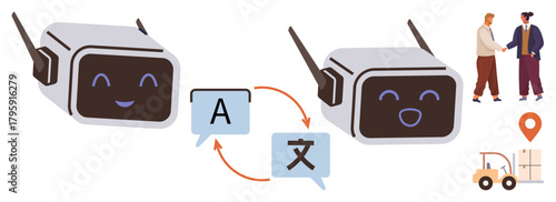 Two friendly robots exchanging language translation data, businessmen shaking hands, and logistics icons. Ideal for language technology, automation, AI, logistics, global commerce, communication