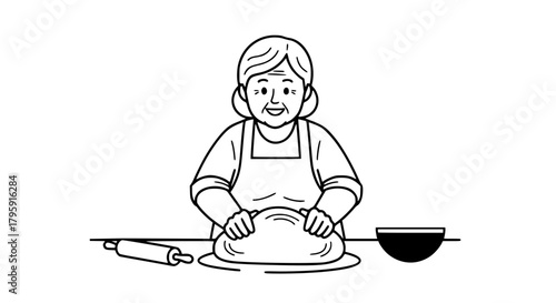 Vector of a grandmother baking bread, kneading dough on a counter, warm and expressive outlines, isolated on white