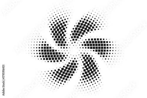 Abstract halftone spiral flower pattern, black dotted circular optical illusion design, modern minimal geometric vector background with symmetry and futuristic motion effect
