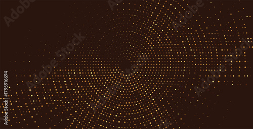 Golden halftone spiral dots pattern on brown background, luminous digital texture, modern geometric abstract vector design with glowing symmetry and elegant light concept