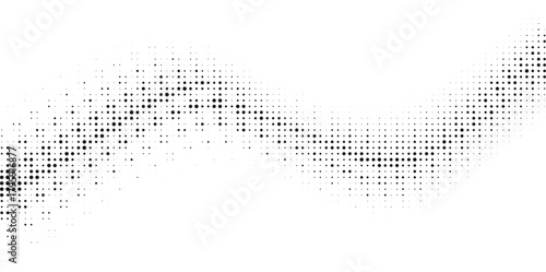 Halftone wave dotted pattern, abstract black and white flowing texture, modern digital vector design with optical illusion symmetry and minimal curved gradient effect