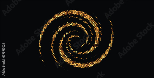 Golden spiral halftone dot formation on dark background, luminous galaxy-style abstract vector design with glowing rotation effect and modern digital symmetry