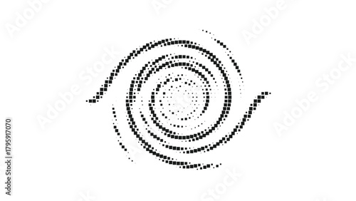 Abstract halftone spiral swirl pattern, black dotted circular texture, optical illusion vector design with motion effect, modern geometric minimal futuristic composition