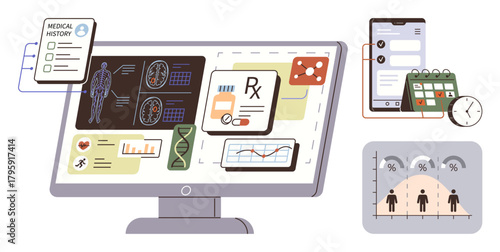 Computer screen displaying medical data, prescription management, and analysis tools. Smartphone with a health app, calendar, and clock. Ideal for healthcare, analytics, innovation technology