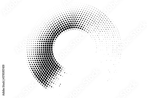 Abstract halftone semi-circle gradient ring design, dotted monochrome circular fade pattern, modern minimal vector background with dynamic geometric curve and smooth transition