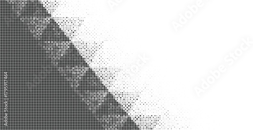 Diagonal halftone geometric fade pattern, monochrome triangular pixel arrangement, abstract modern vector texture with smooth transition and structured grayscale design