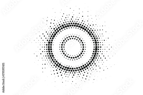 Abstract halftone concentric circle design with expanding dotted radial pattern, modern monochrome vector layout featuring geometric symmetry and dynamic visual energy