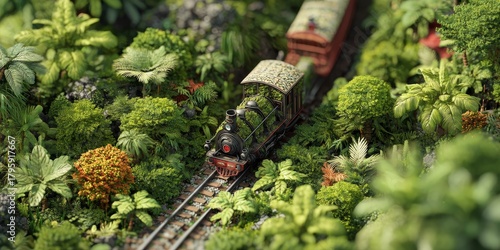 Train Journey Through Wilderness: A model train journeys through a verdant landscape filled with miniature trees and plants. The scene is both enchanting and whimsical.