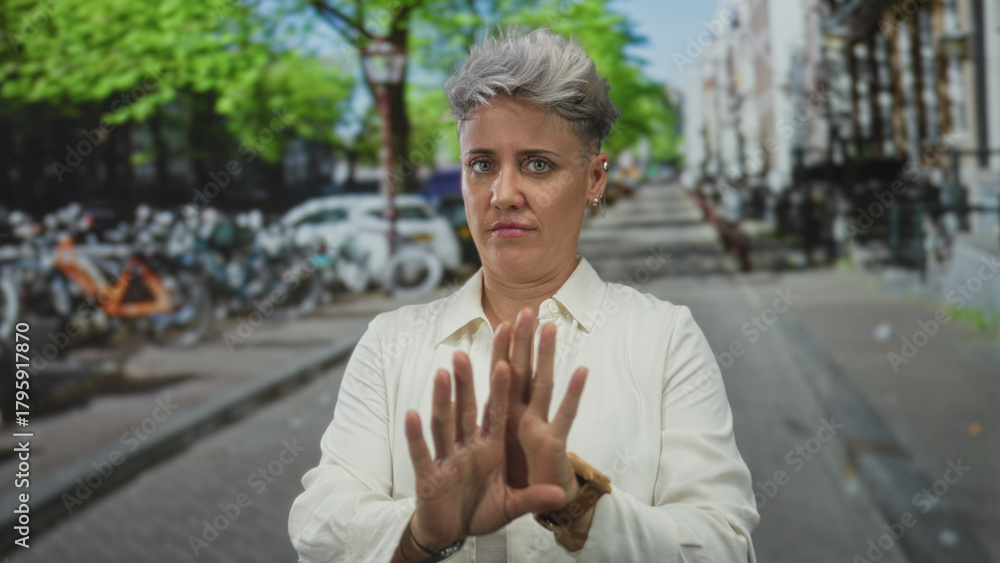Fototapeta premium Woman holds up both hands in a repel gesture on a sunny urban street beside parked bicycles on the sidewalk; disgust.
