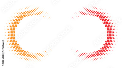 Vibrant dual halftone arc design featuring orange and red dotted gradients forming curved crescent shapes, modern abstract composition ideal for branding posters digital layouts and colorful geometric