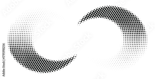 Monochrome halftone crescent swirl pattern with smooth dotted fading curves forming an elegant abstract composition suitable for digital artwork branding posters and modern minimal geometric designs