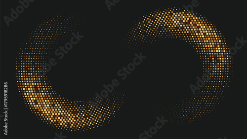 Golden halftone crescent arcs on black background forming a glowing dotted gradient pattern, luxurious abstract design ideal for premium branding posters digital visuals elegant layouts and modern gra