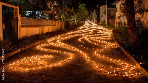 Fototapeta Naklejka Na Ścianę i Meble -  Countless small flames illuminate a winding pathway on an unlit residential street at night