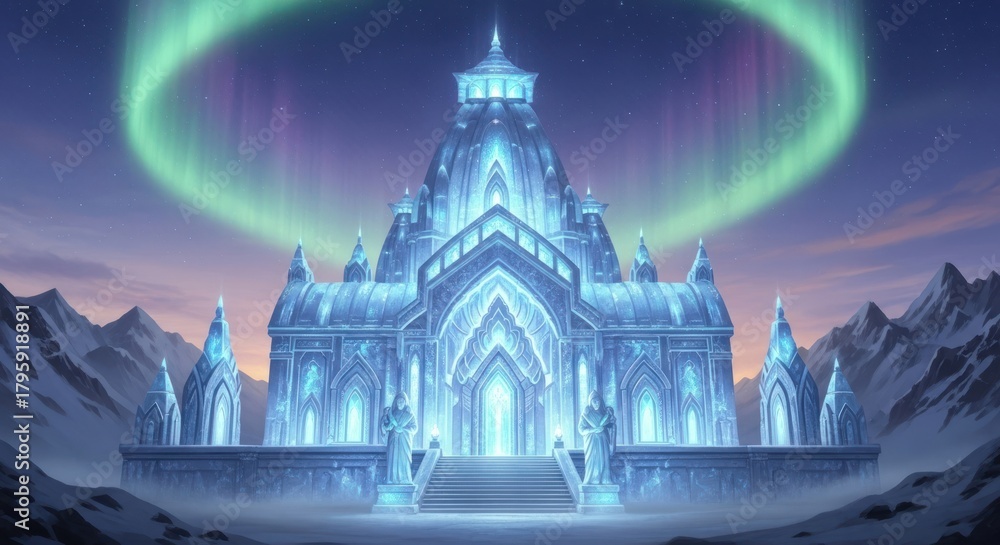 Obraz premium Majestic Ice Palace Under the Aurora Borealis in a Snowy Landscape.