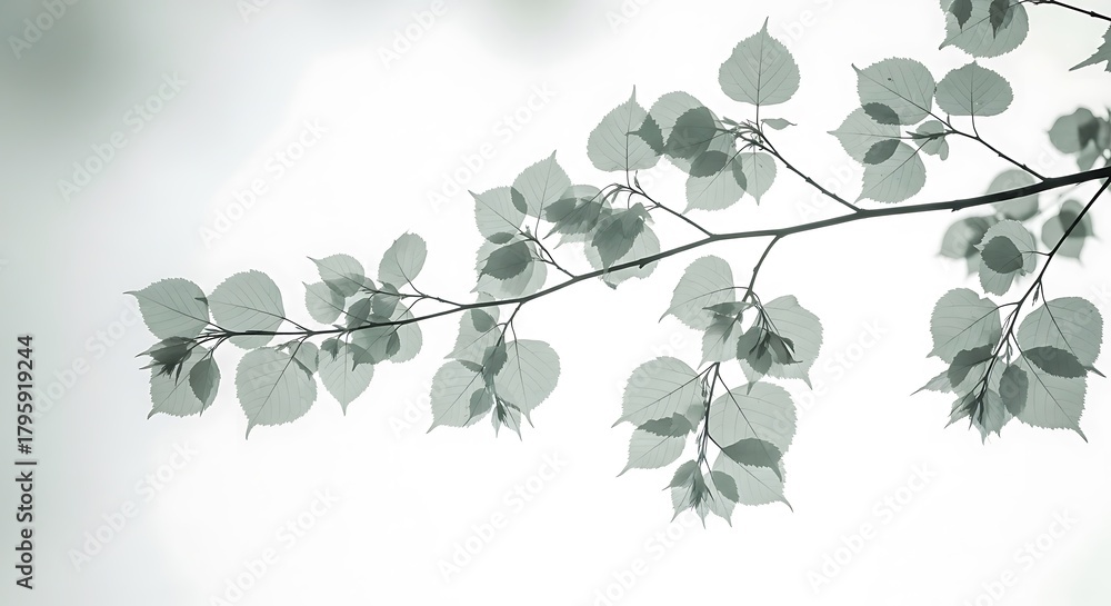 Obraz premium Delicate tree branches with translucent leaves against a bright, airy background, evoking nature