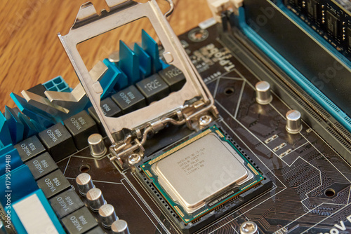 Chelyabinsk, Russia - January 23, 2021: Motherboard processor shot from above, close-up of processor