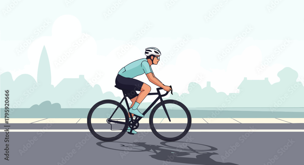 Fototapeta premium Active Man Cycling on a Sunny Day Along City Street with Buildings and Sky Vector Illustration