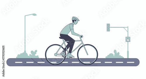 Active Man Cycling on Urban Road with Traffic Lights and Street Lamp Healthy Lifestyle and Eco Friendly Transportation Vector Illustration