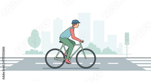 Man Riding Bicycle on City Street Crossing Urban Transportation and Healthy Lifestyle Concept
