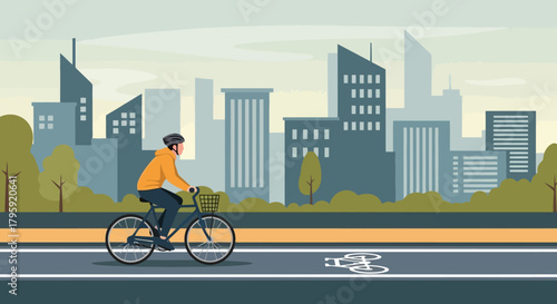 Modern Cityscape Commute Person Cycling Past Drones on Street Sustainable Urban Transport Concept