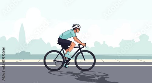 Active Man Cycling on a Sunny Day Along City Street with Buildings and Sky Vector Illustration