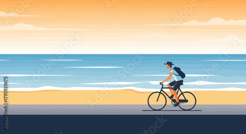 Man Cycling on Beach Road at Sunset with Ocean View Healthy Lifestyle and Travel Illustration
