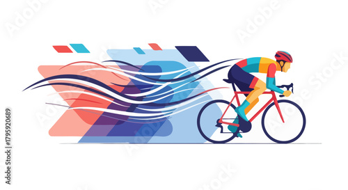 Dynamic Illustration of a Cyclist in Motion with Speed Lines and Geometric Shapes