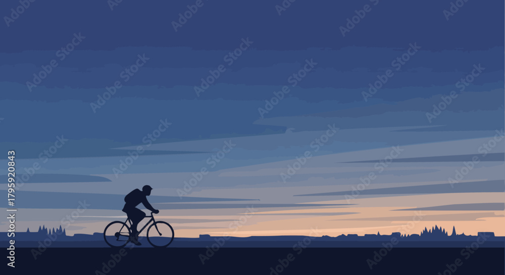 Fototapeta premium Silhouette of a Cyclist Riding into a Colorful Sunset Sky Over a City Skyline