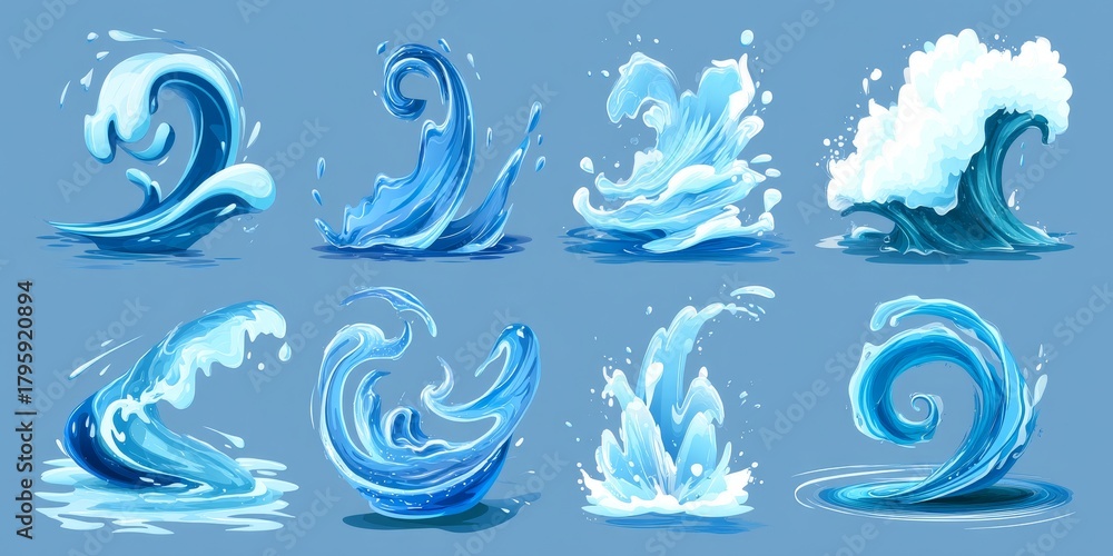 Fototapeta premium Oceanic Rhapsody: A stylized composition presents the dynamic energy of ocean waves in various artistic expressions, showcasing the flowing nature of water and the beauty of liquid forms.