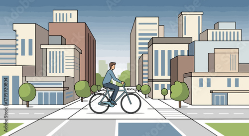 Man cycling on a street in a modern city with tall buildings and trees representing urban transport and healthy lifestyle