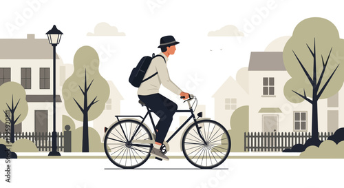 Man Riding Bicycle in Suburban Neighborhood Illustration Eco Friendly Commute and Healthy Lifestyle