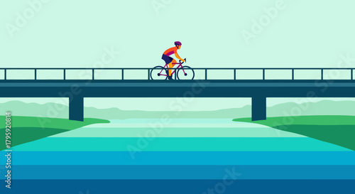 Cyclist Rides Bicycle Across Bridge Over Blue River Green Landscape Minimalist Vector Illustration