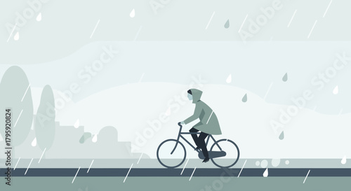 Man Cycling Through Rainy City Street in Monochromatic Tones Urban Commute During Downpour