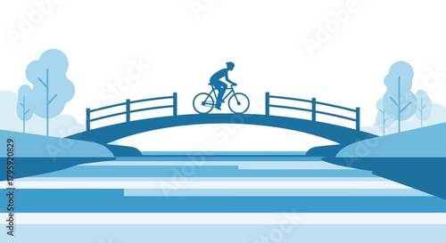 Scenic Cyclist on Bridge Over Water Peaceful Outdoor Recreation Landscape Illustration
