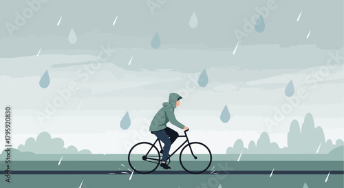 Man Cycling in Heavy Rain Urban Commute or Determined Rider on a Cloudy Day