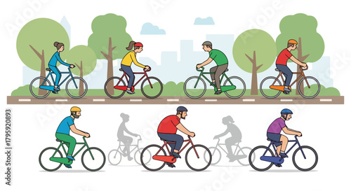 Diverse Group of People Enjoying Cycling on a Sunny Day in the City Park Healthy Lifestyle and Outdoor Recreation Concept