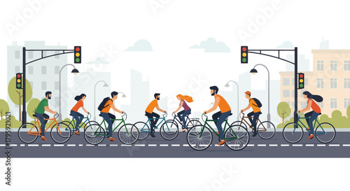 Diverse Group of Friends Cycling on City Street with Traffic Lights and Buildings