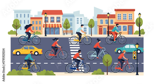 Diverse group of people cycling through a vibrant city street with cars and buildings promoting sustainable urban transportation and healthy lifestyle