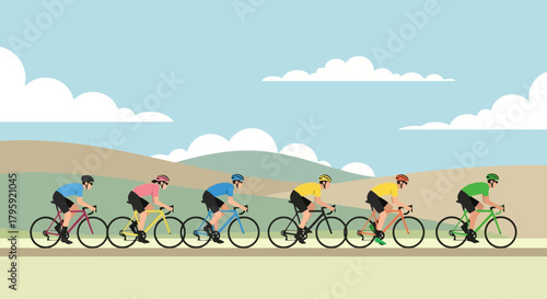 Dynamic Cyclists Race Through Scenic Landscape Teamwork and Competition