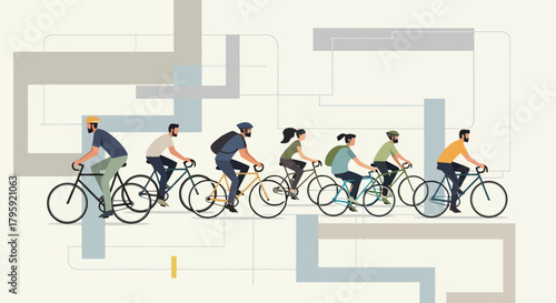 Diverse Group of People Cycling Together in a Modern Abstract Urban Landscape with Geometric Shapes