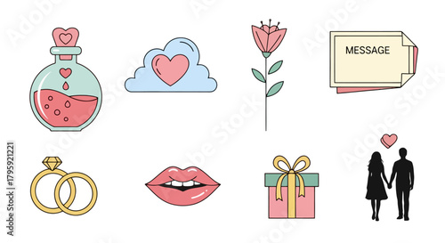 Romantic Valentine s Day Icons Set Love Marriage Gifts and Affection Symbols for Design Projects