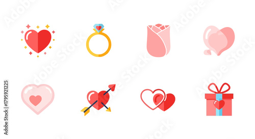 Valentine s Day Icons Set Hearts Ring Rose Gift Box Love Symbols Collection for Romance and Celebration