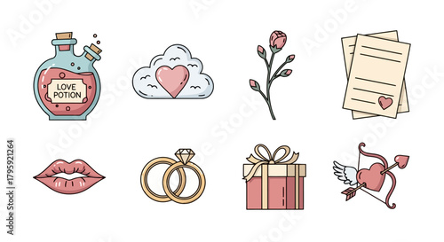 Valentine s Day Icons Collection Love Potion Heart Ring Gift Kiss Cupid s Arrow Romantic Symbols for Design