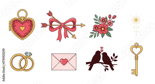 Heart Locket Engagement Rings Love Letter Cupids Arrow Love Birds Vintage Key Flowers Sparkle Romantic Valentine s Day Wedding Icons